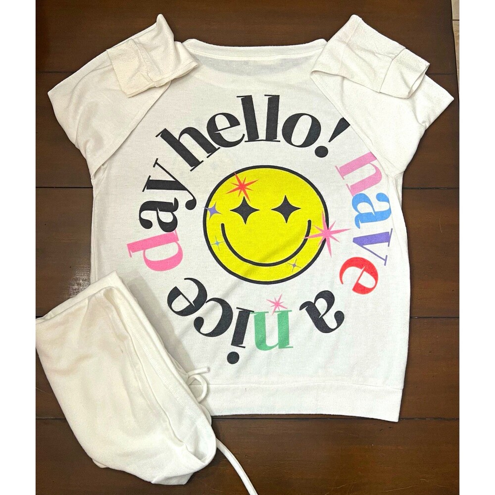 Phil Love 2 Piece Lounge Set Smiley Face Graphic Long Sleeve Shorts White Small